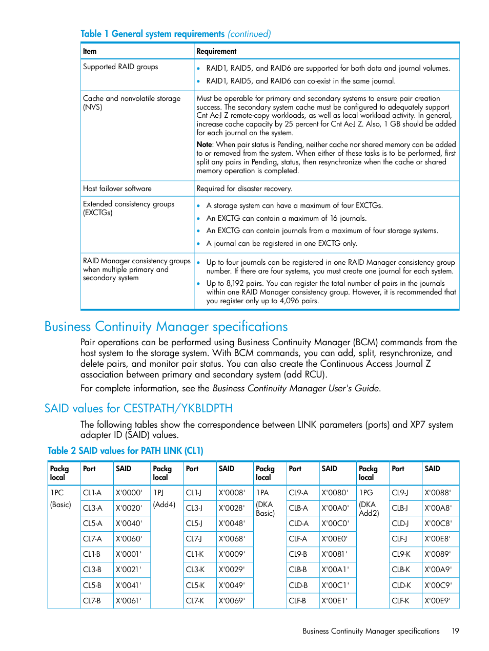 Business continuity manager specifications, Said values for cestpath/ykbldpth | HP XP7 Storage User Manual | Page 19 / 208
