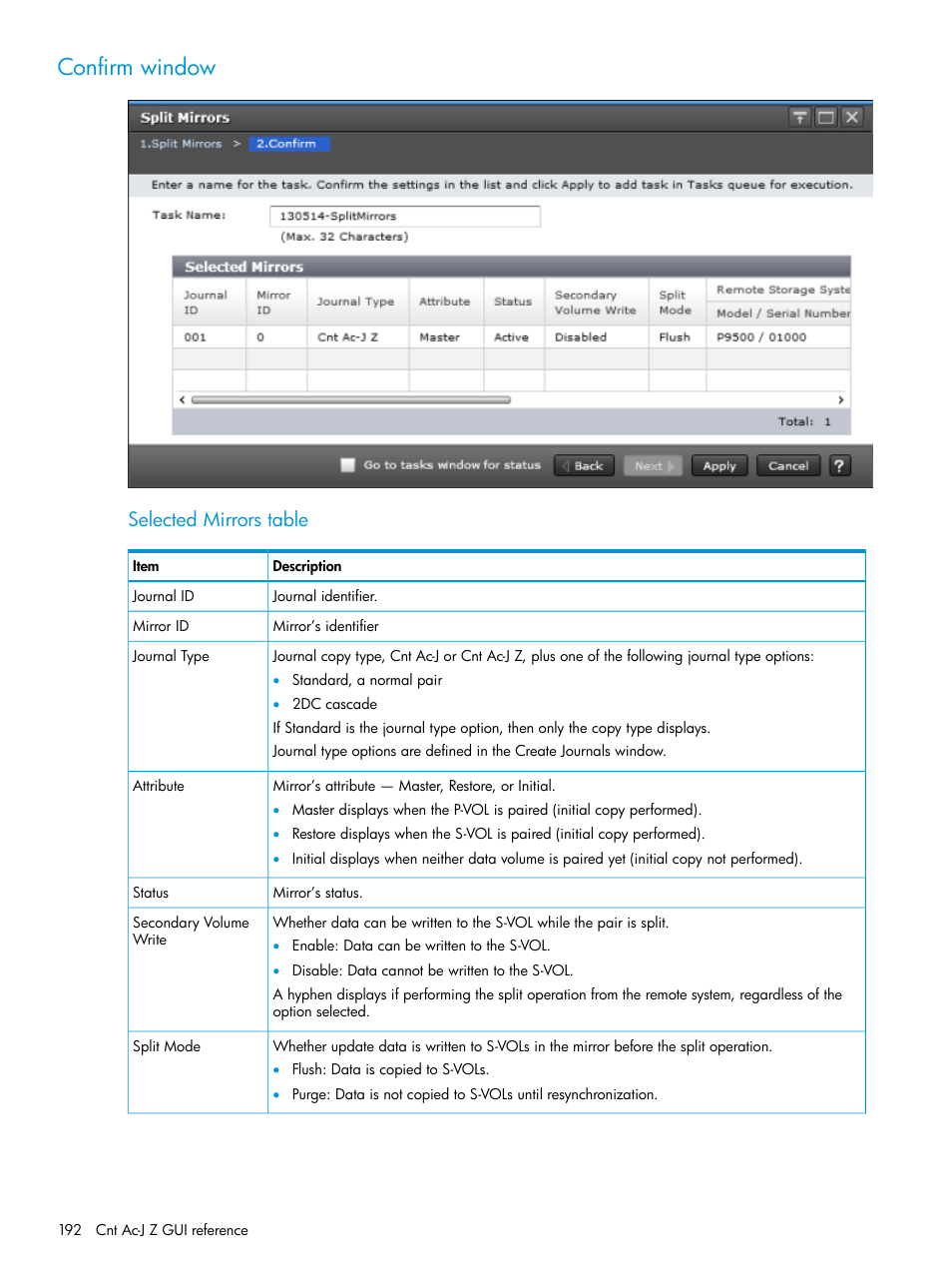 Confirm window, Selected mirrors table | HP XP7 Storage User Manual | Page 192 / 208