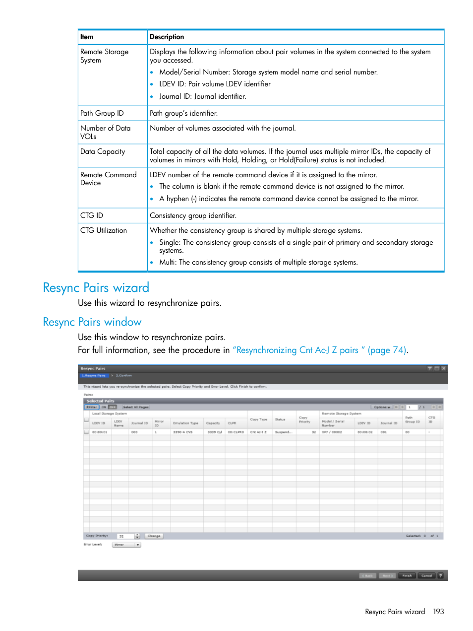 Resync pairs wizard, Resync pairs window | HP XP7 Storage User Manual | Page 193 / 208