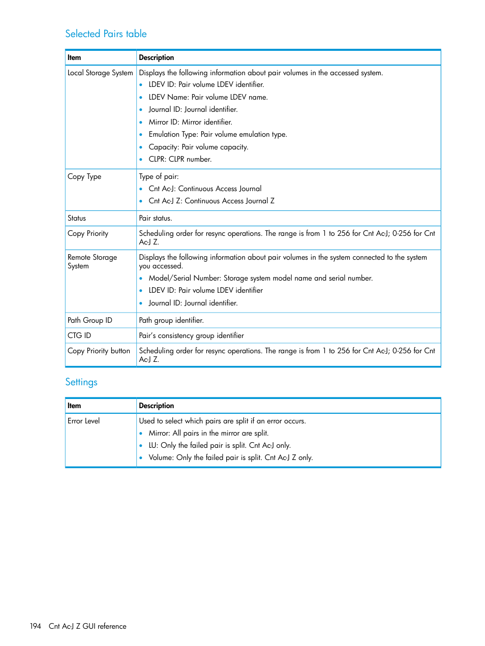 Selected pairs table, Settings | HP XP7 Storage User Manual | Page 194 / 208