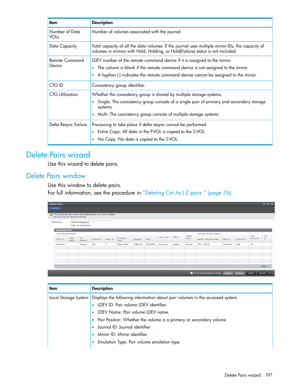 Delete pairs wizard, Delete pairs window | HP XP7 Storage User Manual | Page 197 / 208