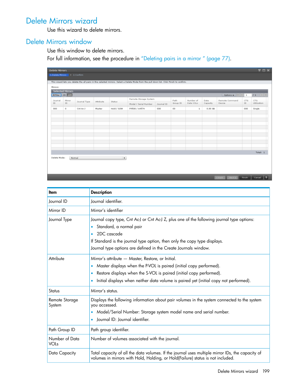 Delete mirrors wizard, Delete mirrors window | HP XP7 Storage User Manual | Page 199 / 208