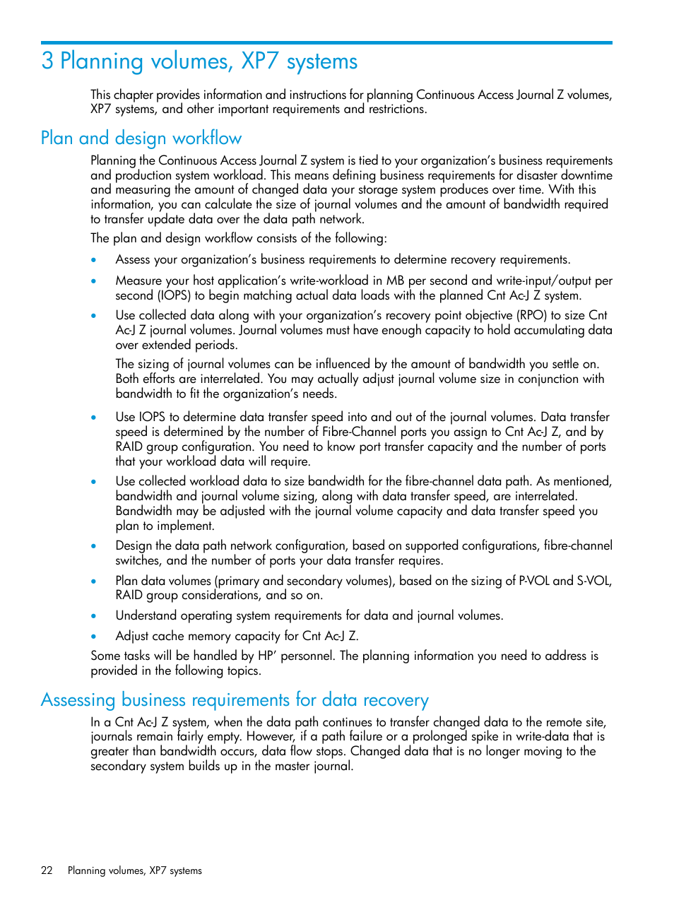 3 planning volumes, xp7 systems, Plan and design workflow, Assessing business requirements for data recovery | HP XP7 Storage User Manual | Page 22 / 208