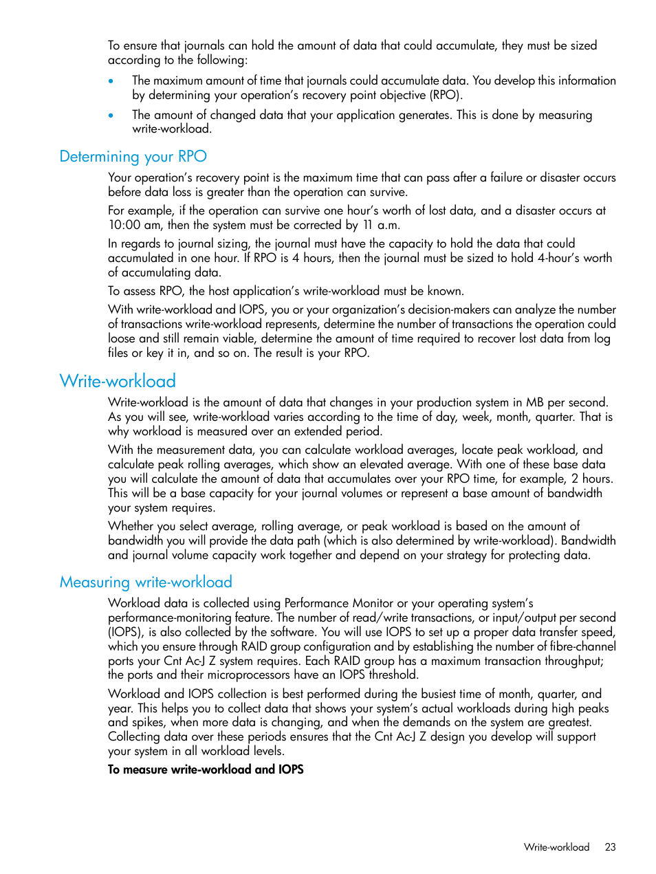 Determining your rpo, Write-workload, Measuring write-workload | HP XP7 Storage User Manual | Page 23 / 208