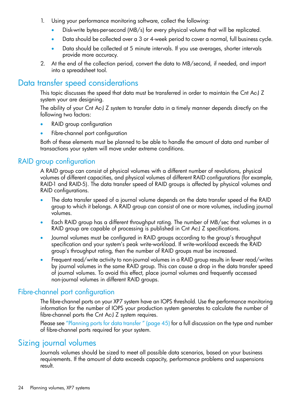 Data transfer speed considerations, Raid group configuration, Fibre-channel port configuration | Sizing journal volumes | HP XP7 Storage User Manual | Page 24 / 208