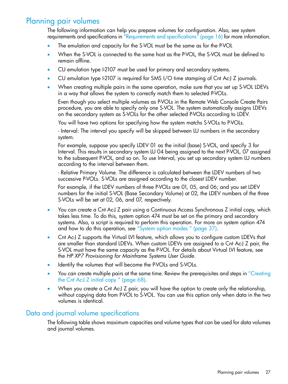 Planning pair volumes, Data and journal volume specifications | HP XP7 Storage User Manual | Page 27 / 208