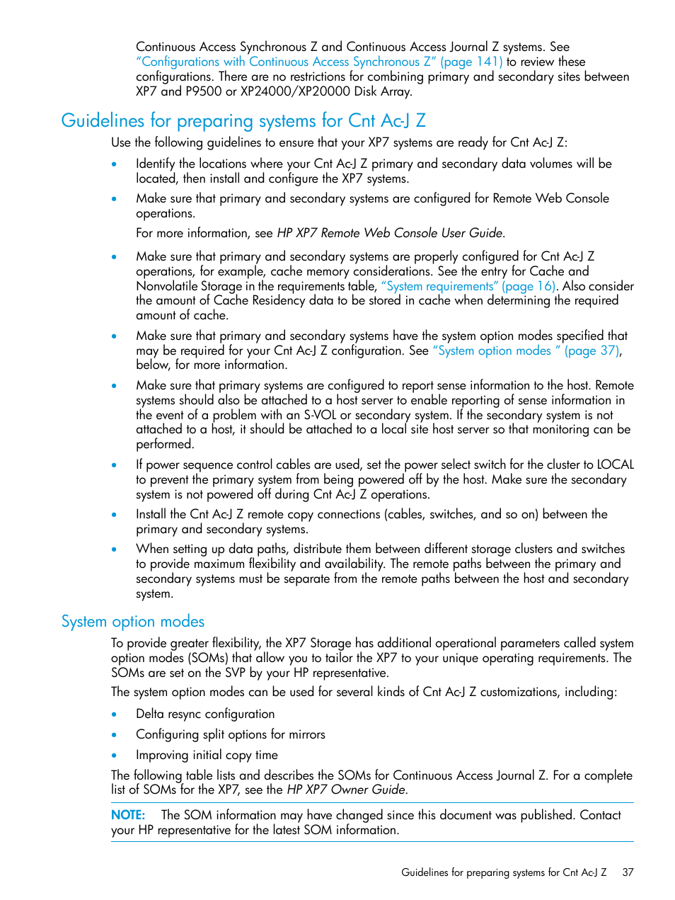 Guidelines for preparing systems for cnt ac-j z, System option modes | HP XP7 Storage User Manual | Page 37 / 208