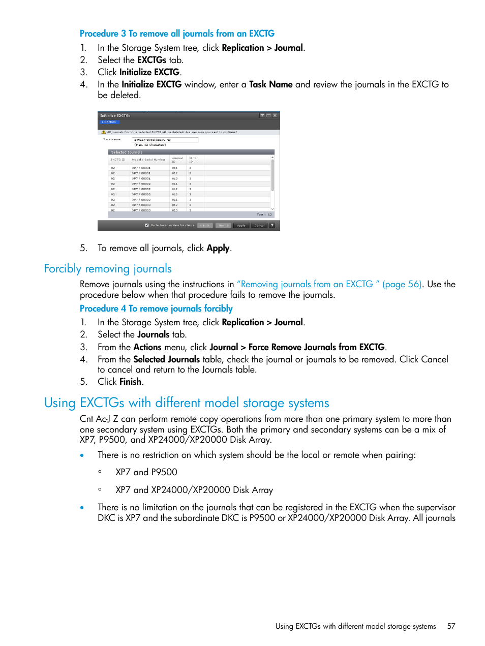 Forcibly removing journals, Using exctgs with different model storage systems | HP XP7 Storage User Manual | Page 57 / 208