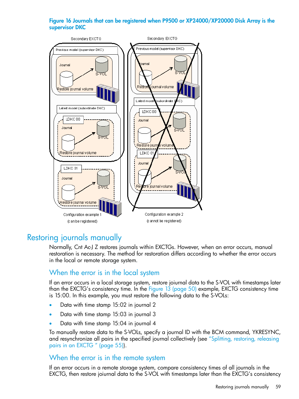 Restoring journals manually, When the error is in the local system, When the error is in the remote system | HP XP7 Storage User Manual | Page 59 / 208