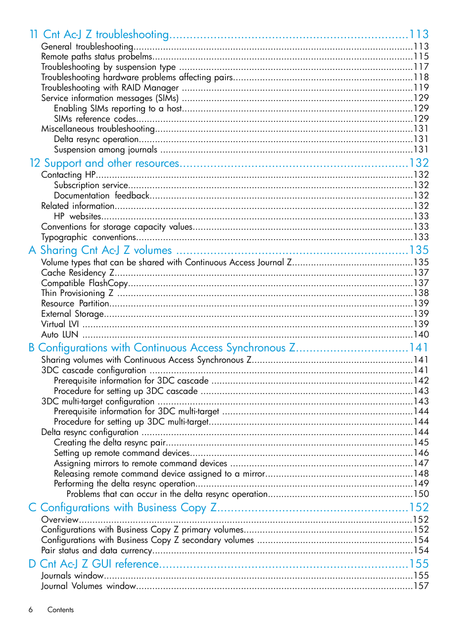 11 cnt ac-j z troubleshooting, 12 support and other resources, A sharing cnt ac-j z volumes | C configurations with business copy z, D cnt ac-j z gui reference | HP XP7 Storage User Manual | Page 6 / 208