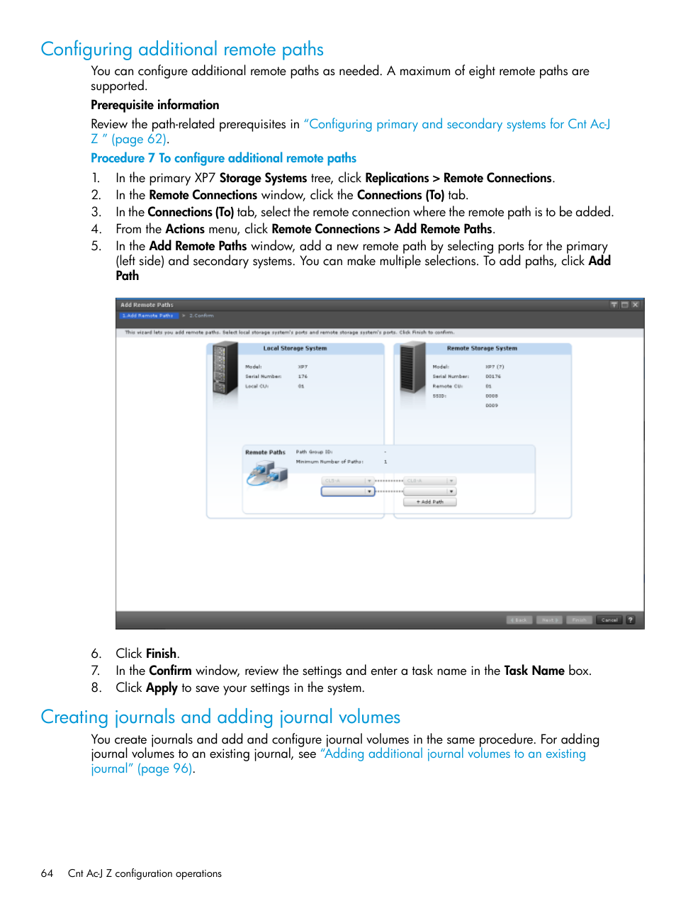 Configuring additional remote paths, Creating journals and adding journal volumes, Configuring additional | HP XP7 Storage User Manual | Page 64 / 208