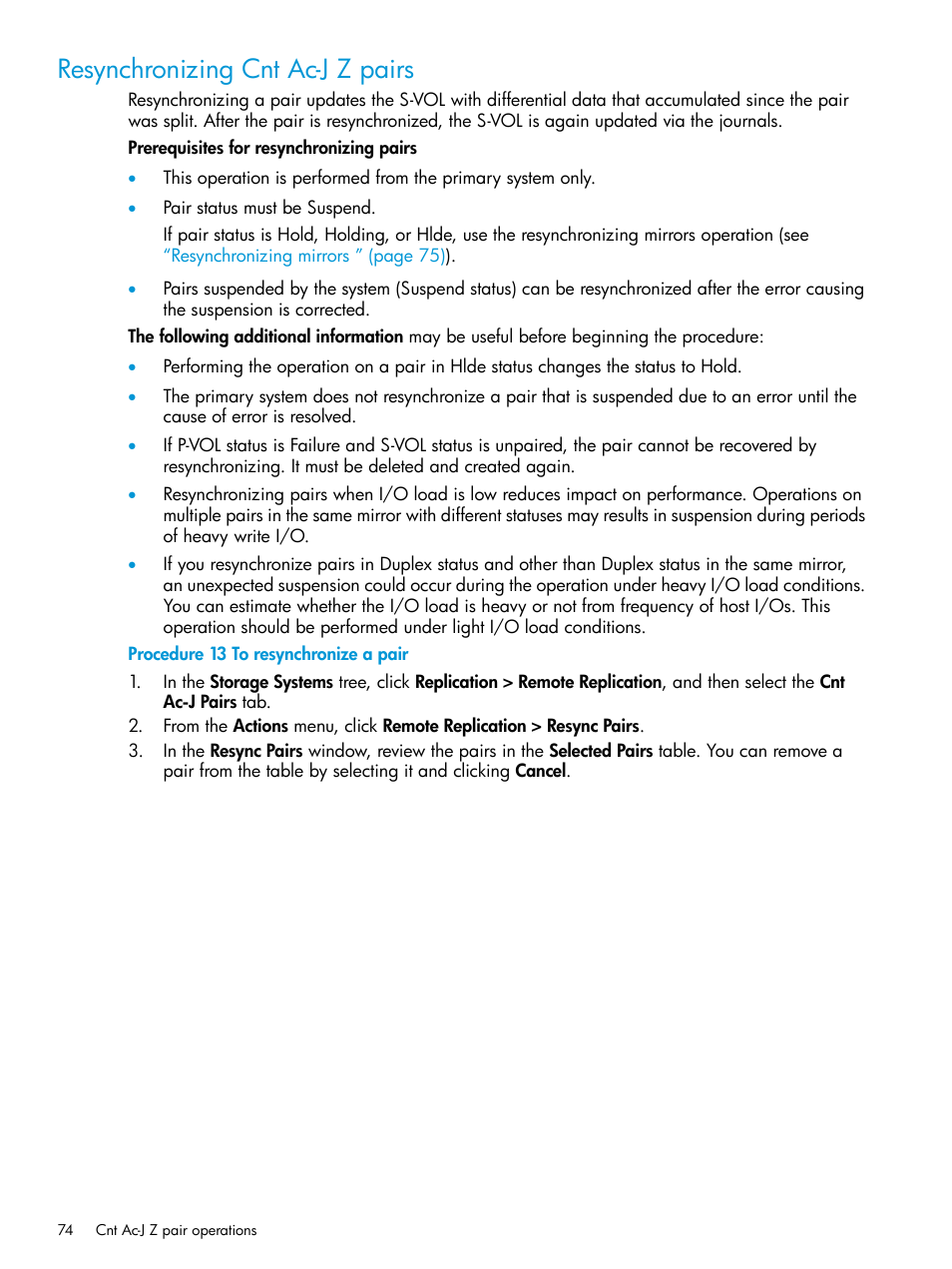 Resynchronizing cnt ac-j z pairs | HP XP7 Storage User Manual | Page 74 / 208