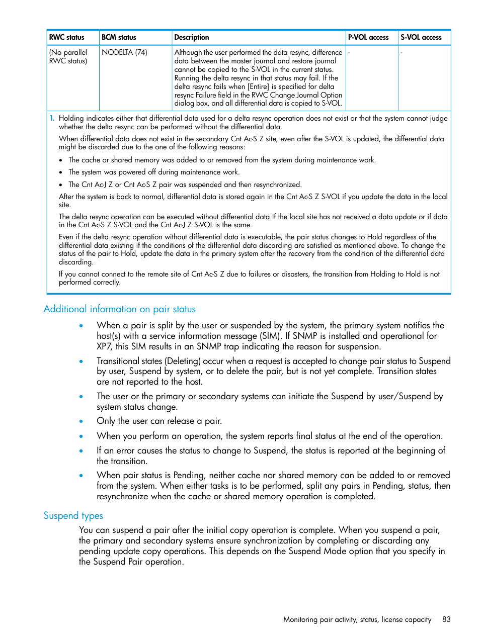 Additional information on pair status, Suspend types | HP XP7 Storage User Manual | Page 83 / 208