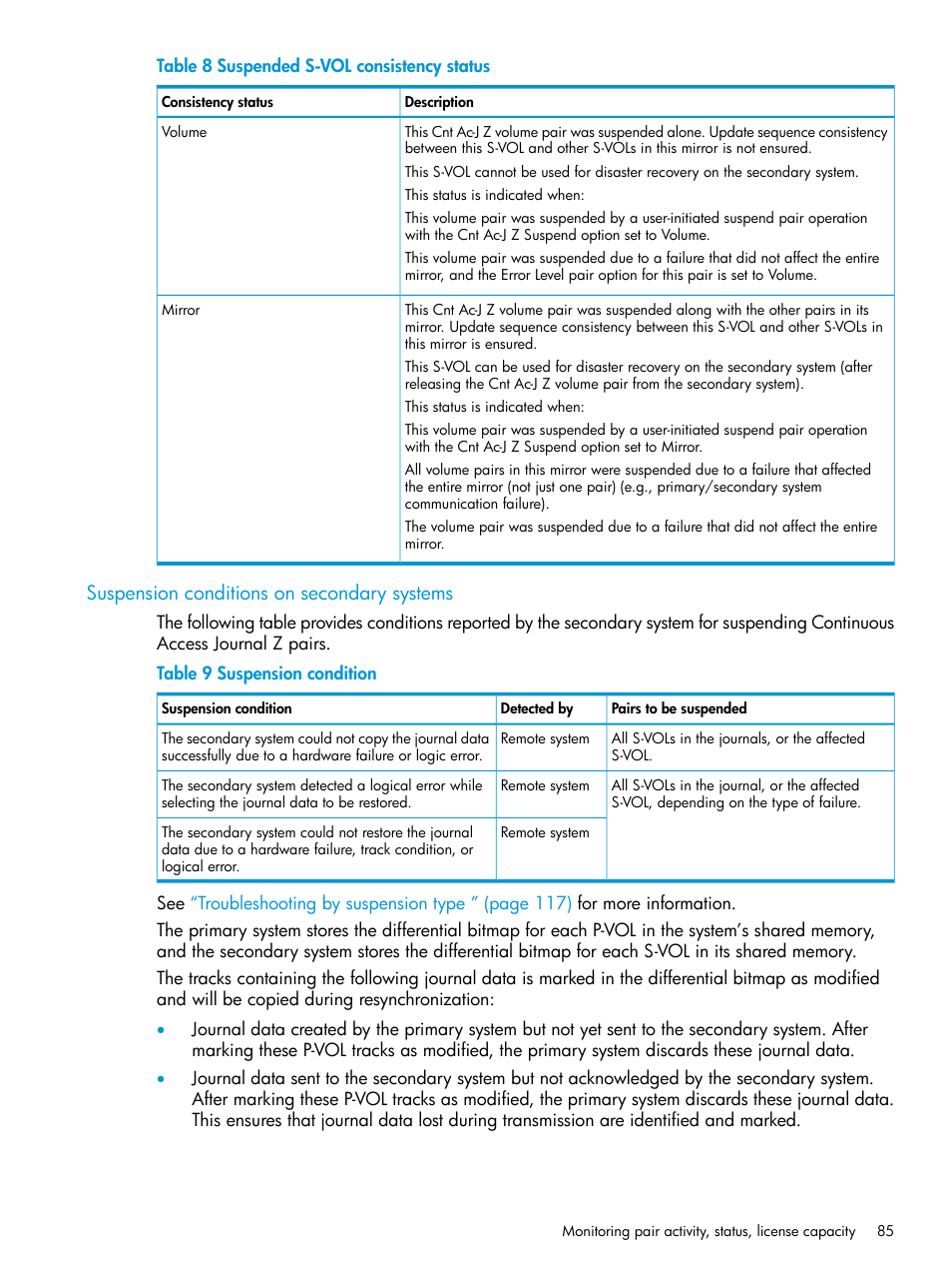 Suspension conditions on secondary systems | HP XP7 Storage User Manual | Page 85 / 208