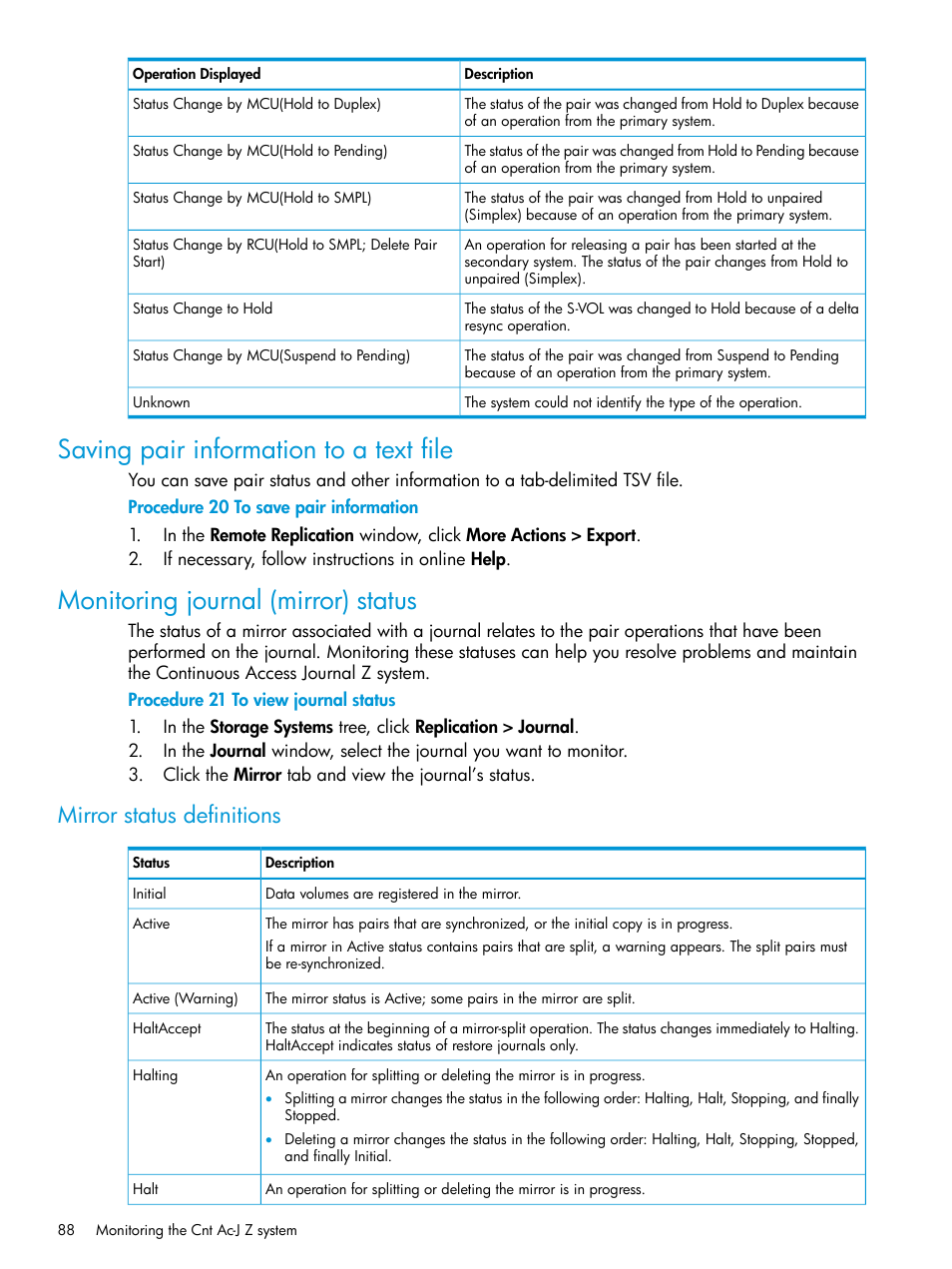 Saving pair information to a text file, Monitoring journal (mirror) status, Mirror status definitions | HP XP7 Storage User Manual | Page 88 / 208