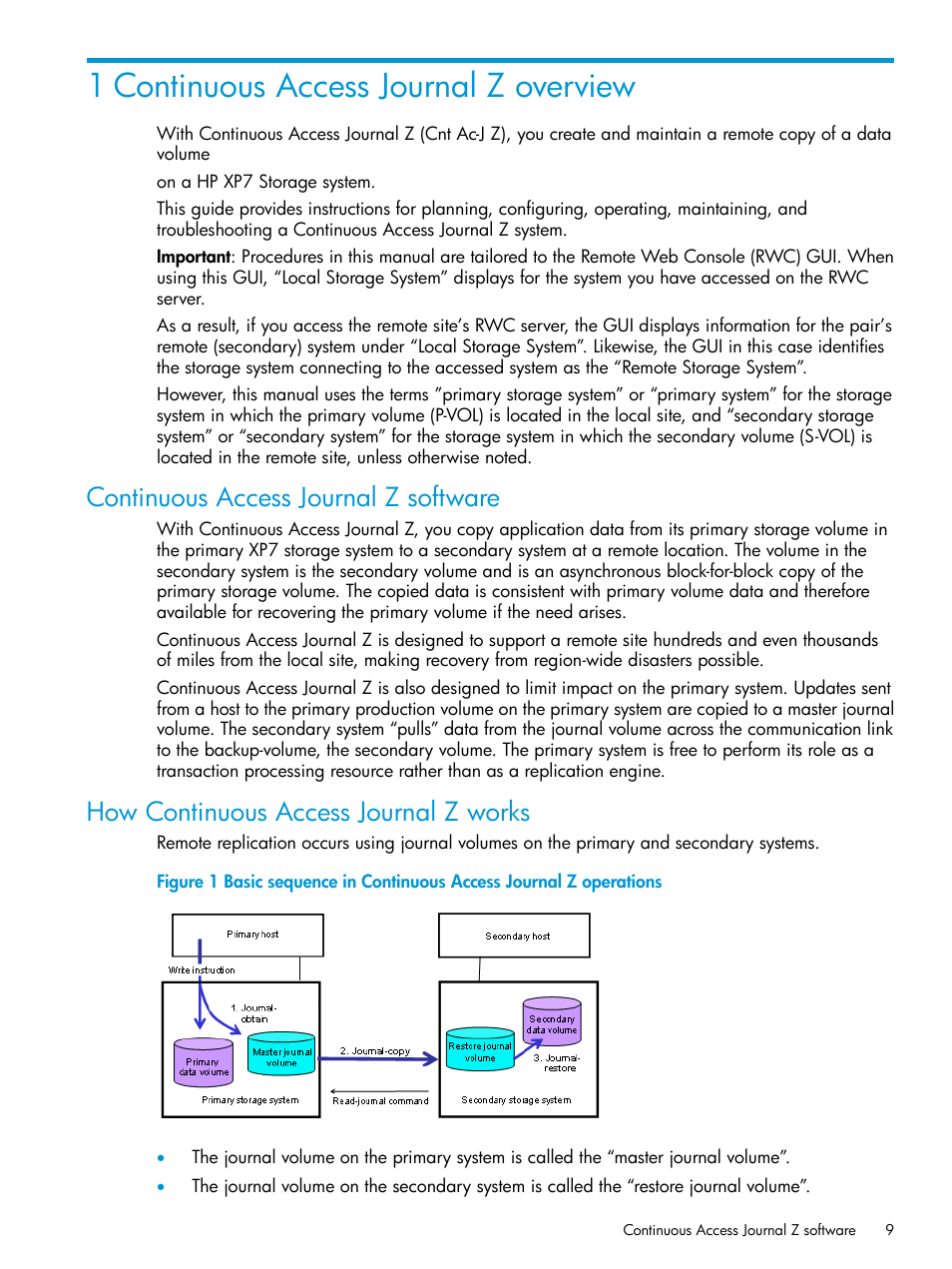 1 continuous access journal z overview, Continuous access journal z software, How continuous access journal z works | HP XP7 Storage User Manual | Page 9 / 208