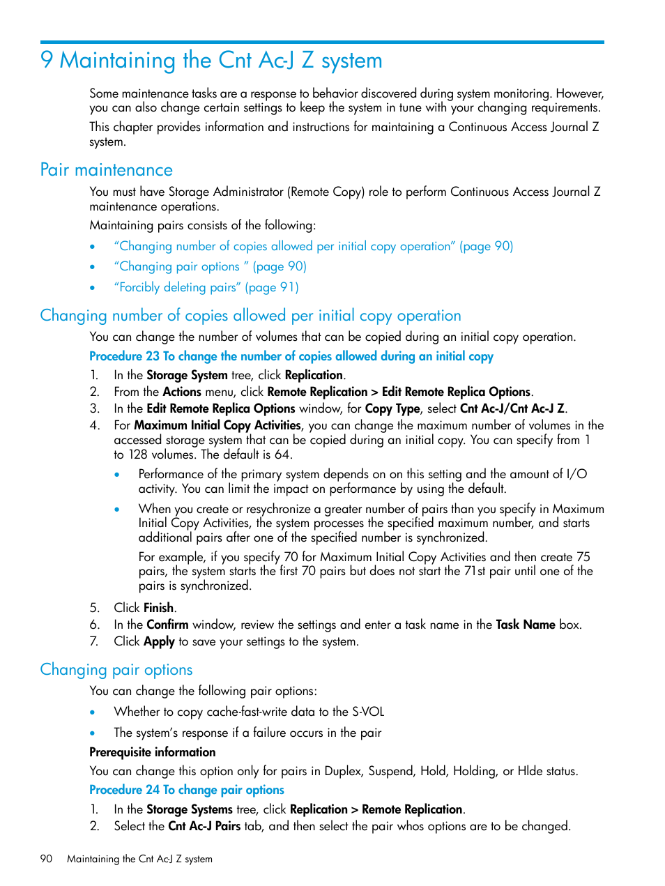 9 maintaining the cnt ac-j z system, Pair maintenance, Changing pair options | HP XP7 Storage User Manual | Page 90 / 208