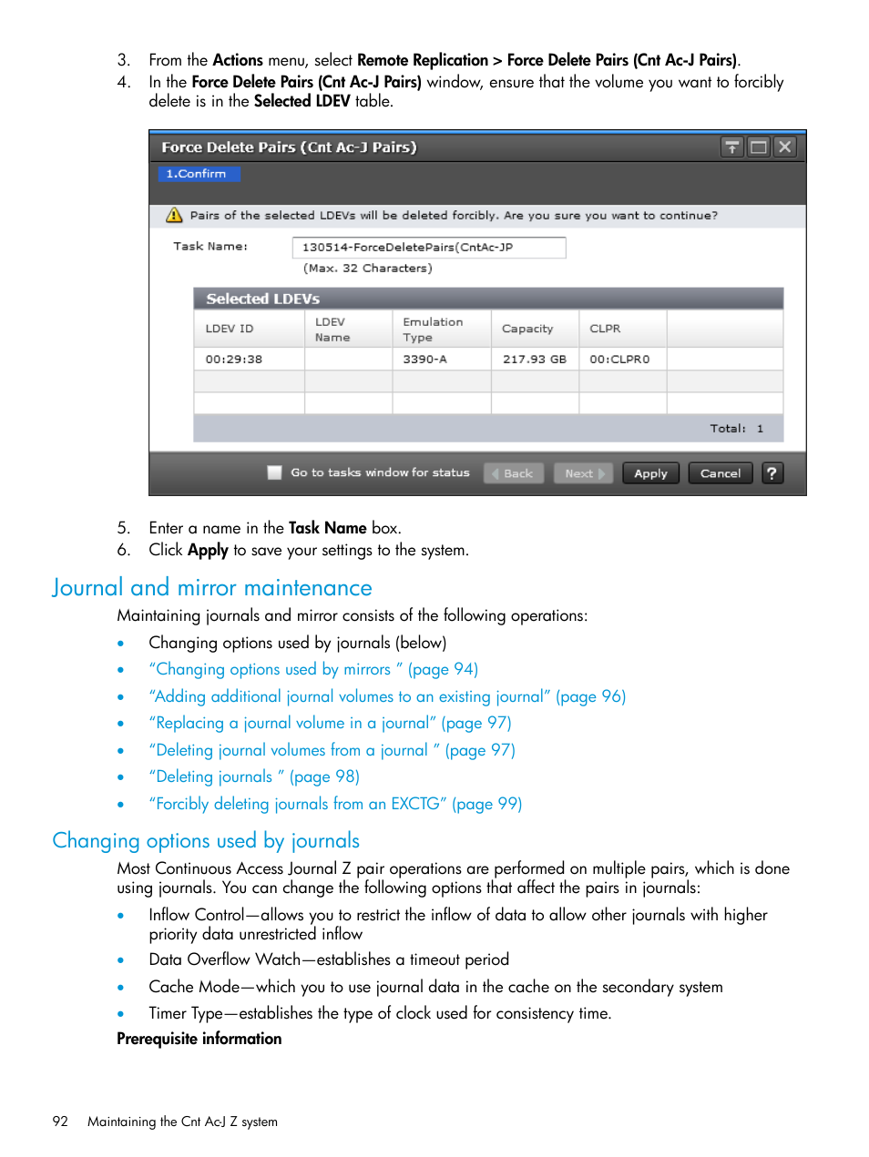 Journal and mirror maintenance, Changing options used by journals | HP XP7 Storage User Manual | Page 92 / 208