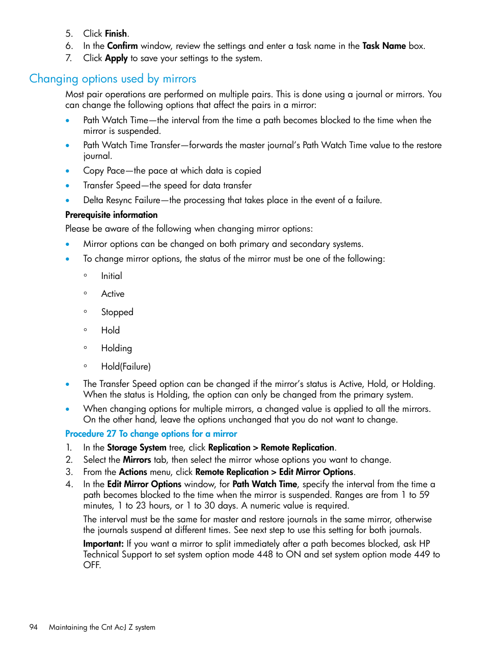 Changing options used by mirrors | HP XP7 Storage User Manual | Page 94 / 208