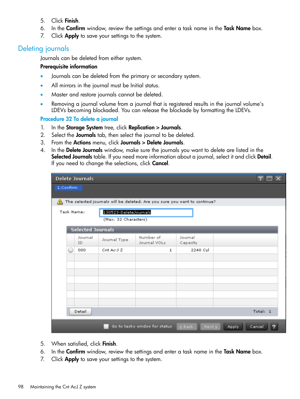 Deleting journals | HP XP7 Storage User Manual | Page 98 / 208