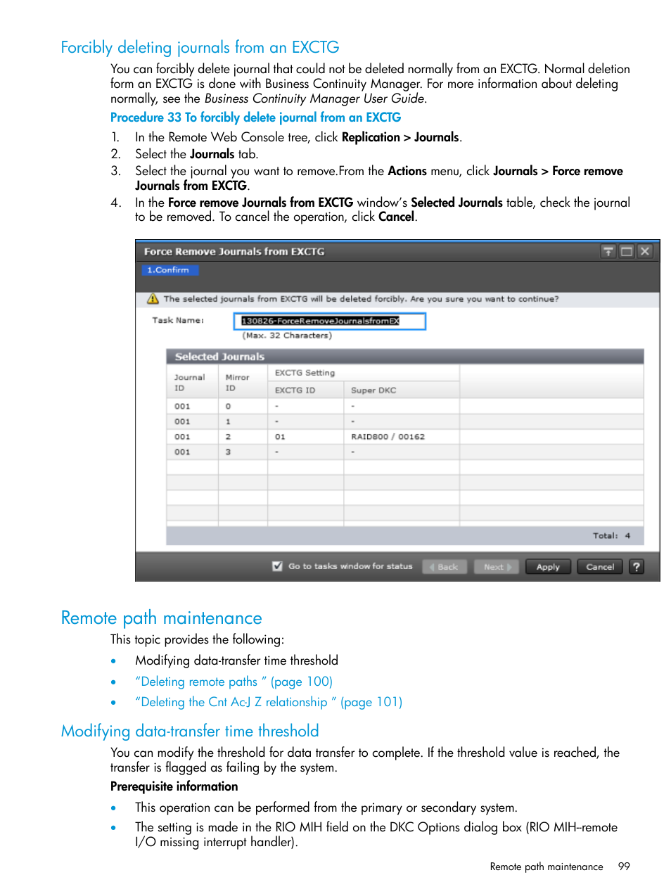 Forcibly deleting journals from an exctg, Remote path maintenance, Modifying data-transfer time threshold | HP XP7 Storage User Manual | Page 99 / 208