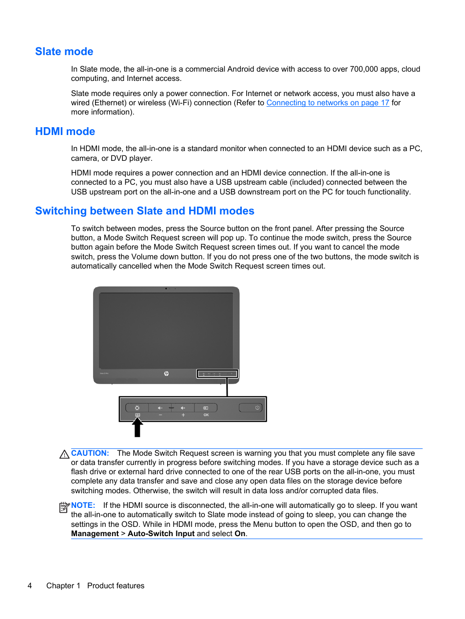 Slate mode, Hdmi mode, Switching between slate and hdmi modes | HP Slate 21 Pro-All-in-One-PC User Manual | Page 12 / 55