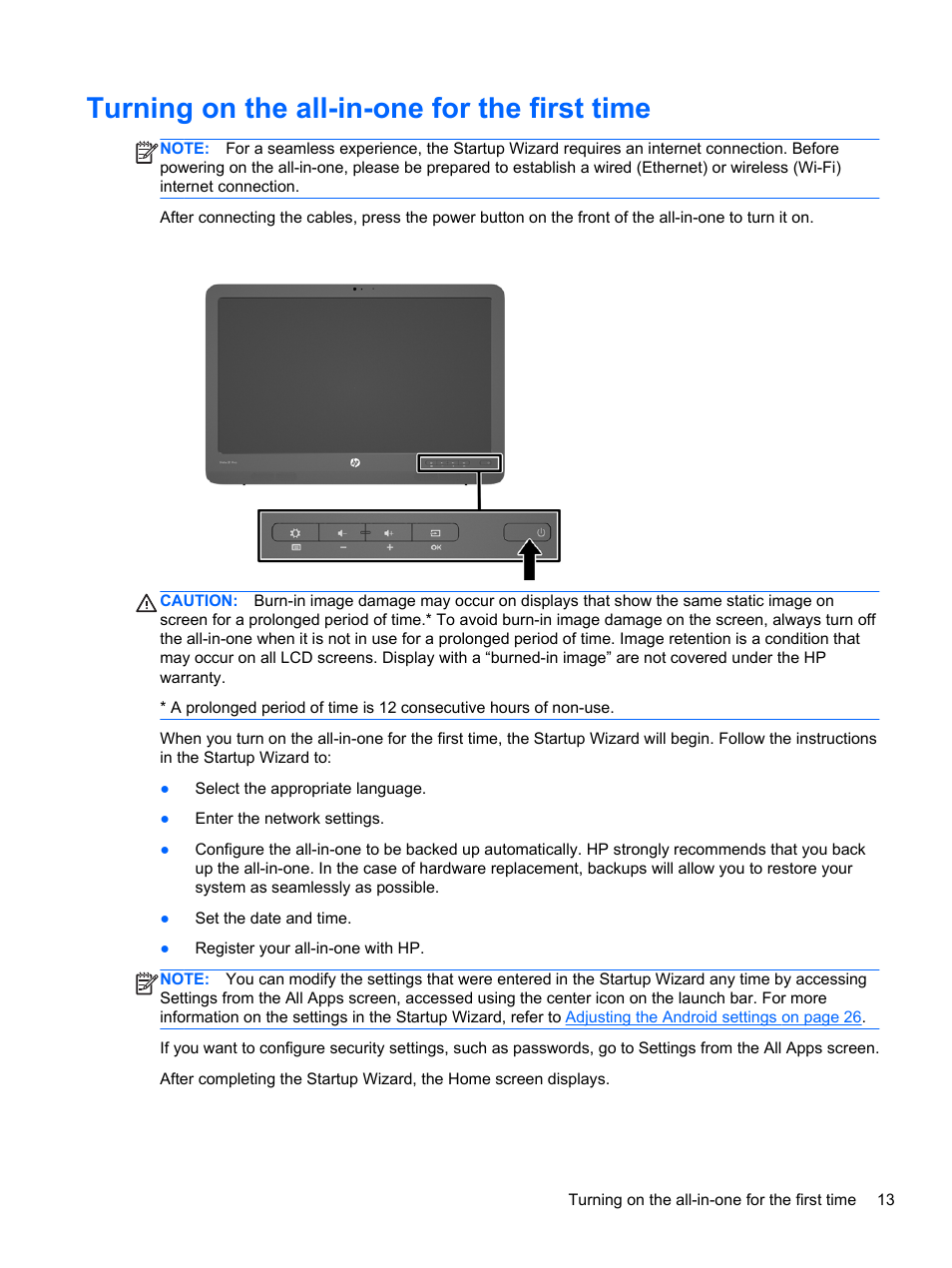 Turning on the all-in-one for the first time | HP Slate 21 Pro-All-in-One-PC User Manual | Page 21 / 55