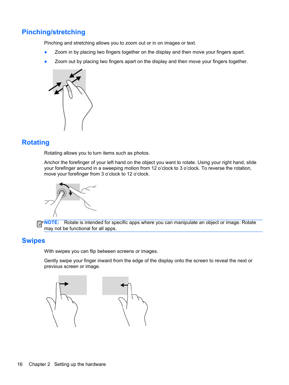 Pinching/stretching, Rotating, Swipes | Pinching/stretching rotating swipes | HP Slate 21 Pro-All-in-One-PC User Manual | Page 24 / 55