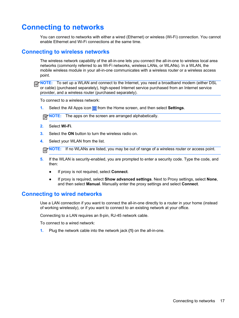 Connecting to networks, Connecting to wireless networks, Connecting to wired networks | HP Slate 21 Pro-All-in-One-PC User Manual | Page 25 / 55
