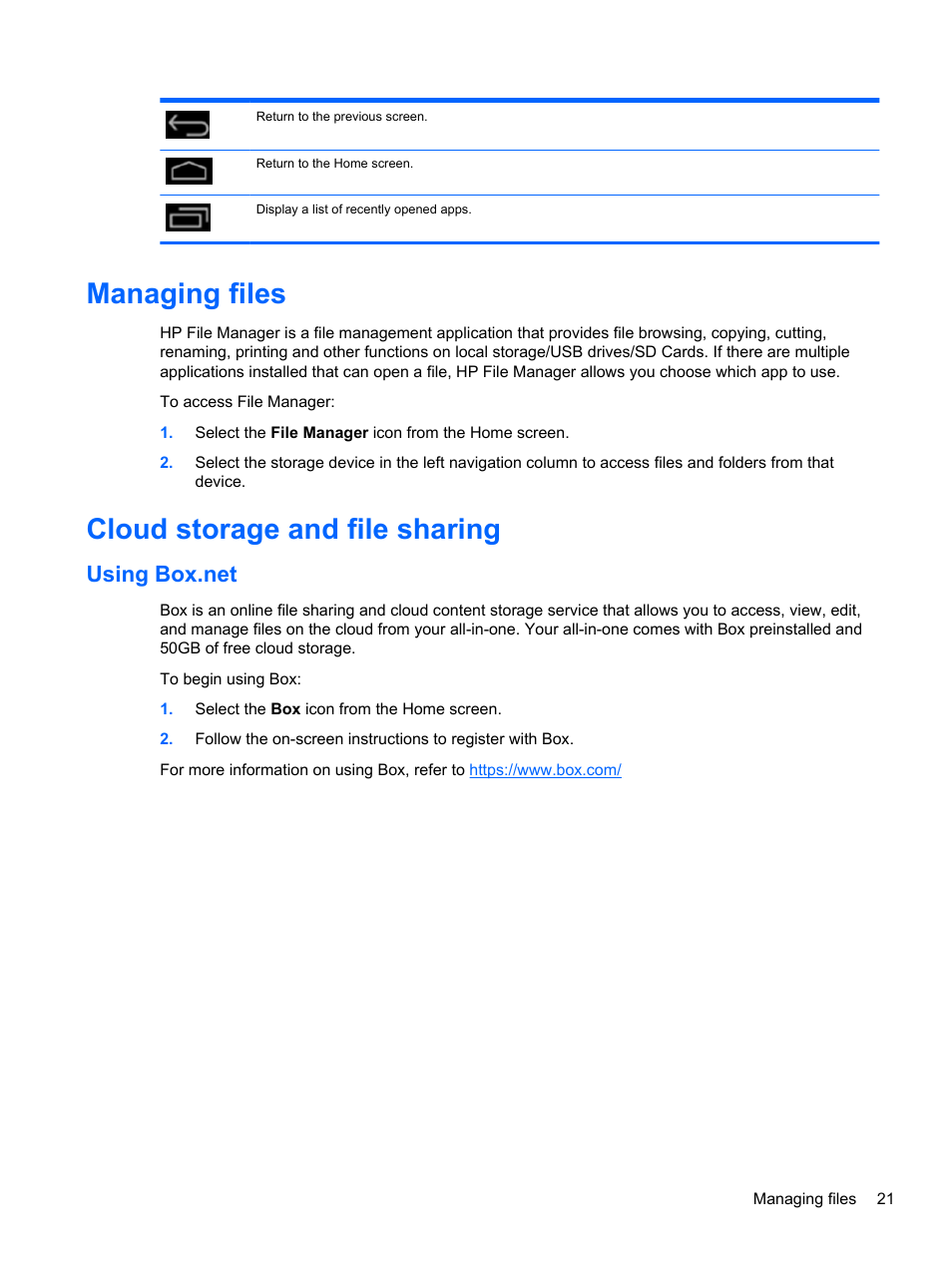 Managing files, Cloud storage and file sharing, Using box.net | Managing files cloud storage and file sharing | HP Slate 21 Pro-All-in-One-PC User Manual | Page 29 / 55