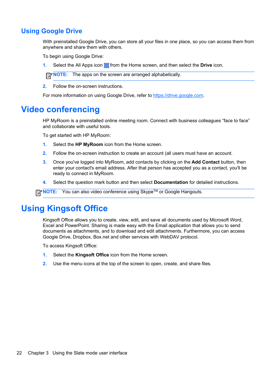 Using google drive, Video conferencing, Using kingsoft office | Video conferencing using kingsoft office | HP Slate 21 Pro-All-in-One-PC User Manual | Page 30 / 55