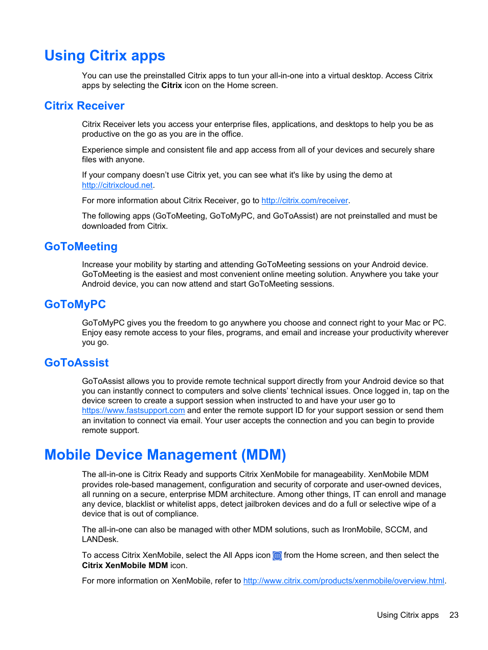 Using citrix apps, Citrix receiver, Gotomeeting | Gotomypc, Gotoassist, Mobile device management (mdm), Gotomeeting gotomypc gotoassist | HP Slate 21 Pro-All-in-One-PC User Manual | Page 31 / 55