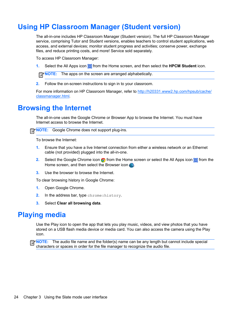 Using hp classroom manager (student version), Browsing the internet, Playing media | HP Slate 21 Pro-All-in-One-PC User Manual | Page 32 / 55