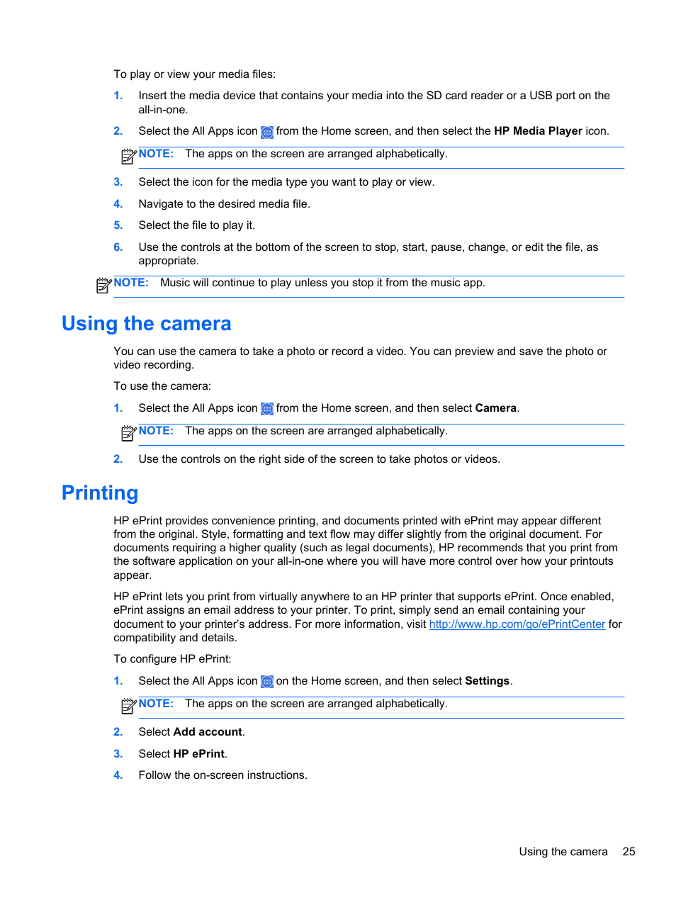Using the camera, Printing, Using the camera printing | HP Slate 21 Pro-All-in-One-PC User Manual | Page 33 / 55