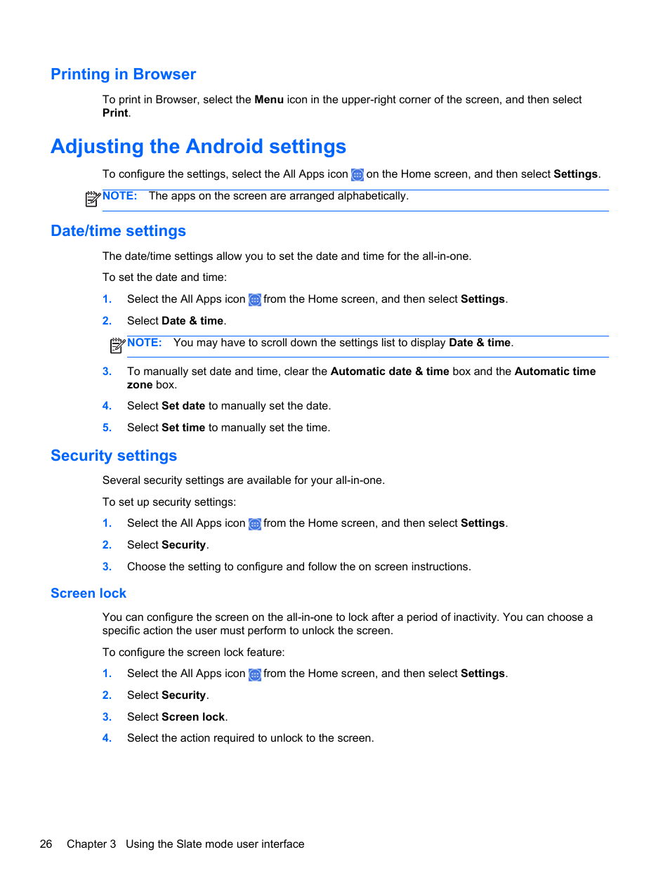 Printing in browser, Adjusting the android settings, Date/time settings | Security settings, Screen lock, Date/time settings security settings | HP Slate 21 Pro-All-in-One-PC User Manual | Page 34 / 55