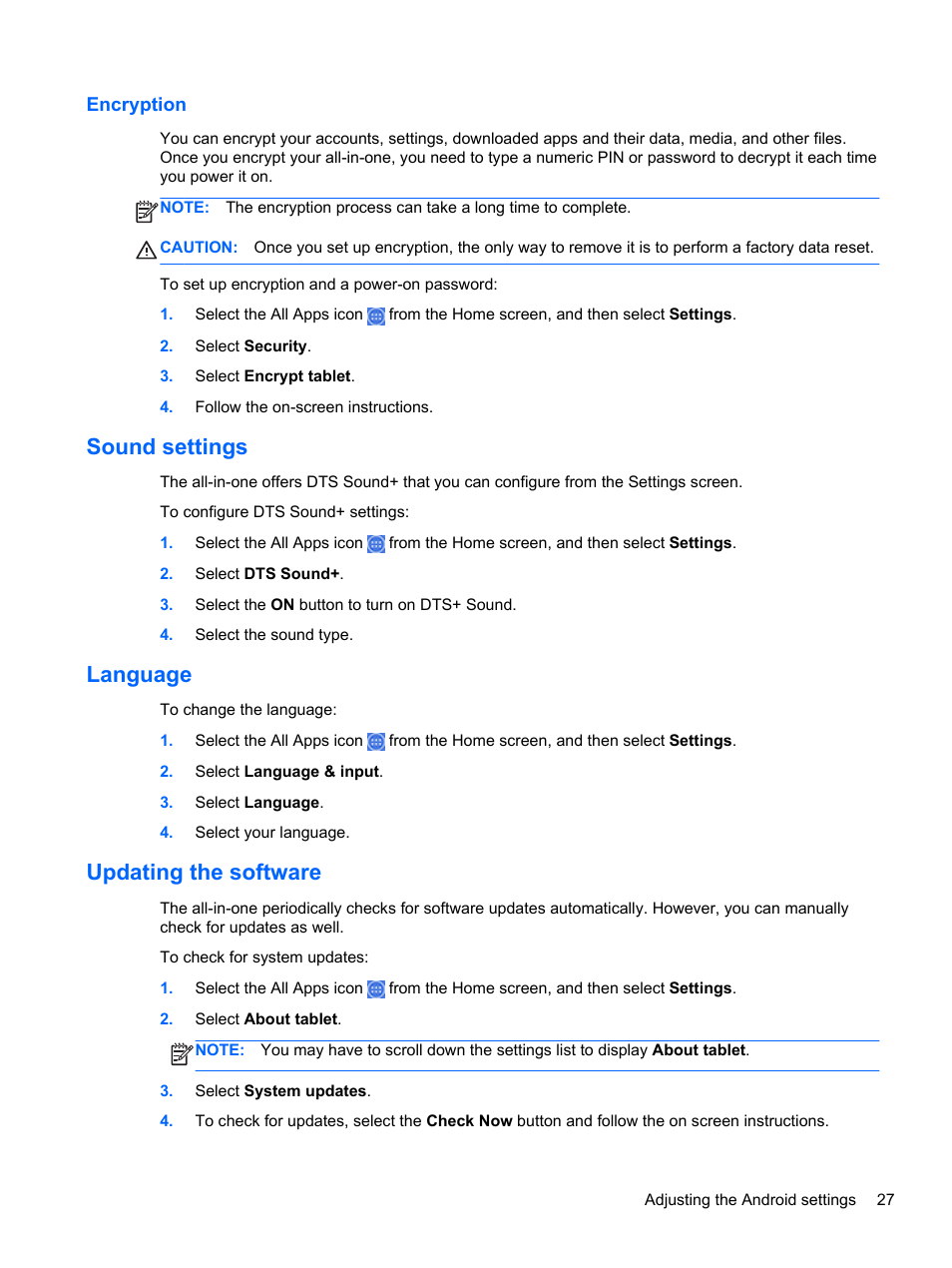 Encryption, Sound settings, Language | Updating the software, Sound settings language updating the software | HP Slate 21 Pro-All-in-One-PC User Manual | Page 35 / 55