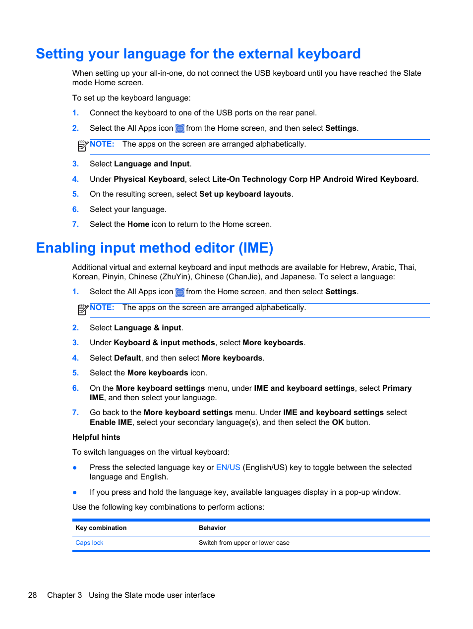 Setting your language for the external keyboard, Enabling input method editor (ime) | HP Slate 21 Pro-All-in-One-PC User Manual | Page 36 / 55