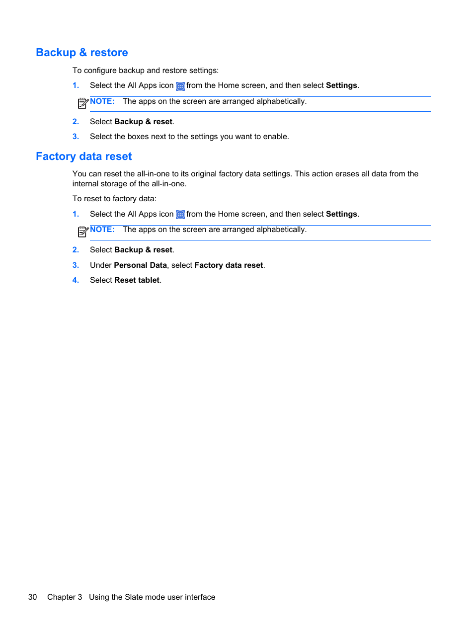 Backup & restore, Factory data reset, Backup & restore factory data reset | HP Slate 21 Pro-All-in-One-PC User Manual | Page 38 / 55