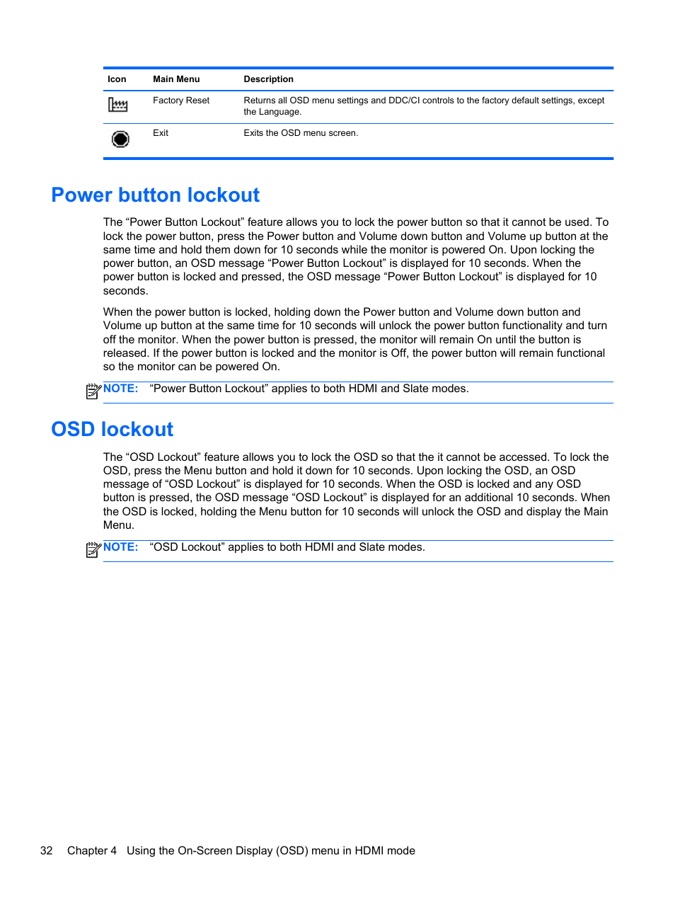 Power button lockout, Osd lockout, Power button lockout osd lockout | HP Slate 21 Pro-All-in-One-PC User Manual | Page 40 / 55