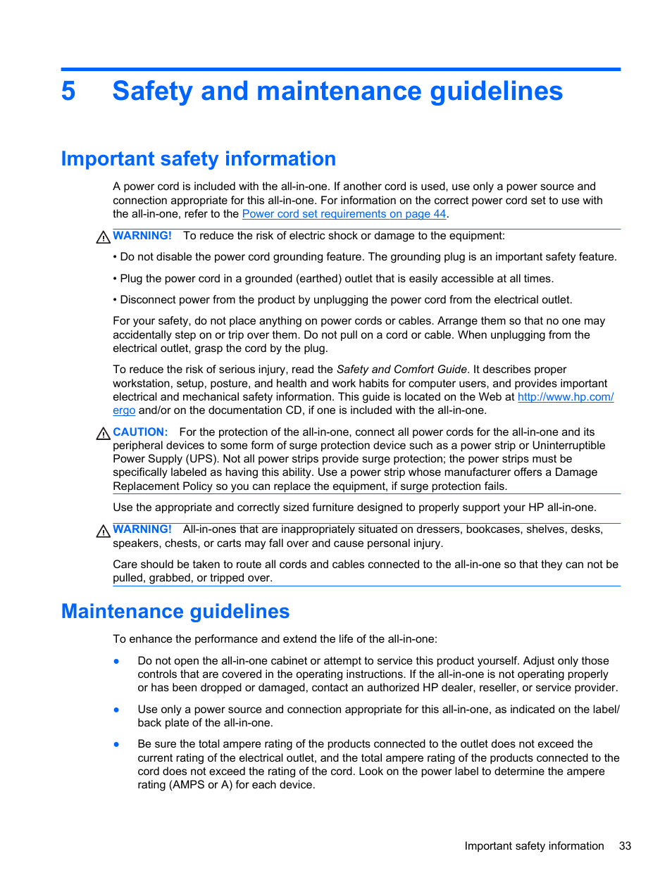 Safety and maintenance guidelines, Important safety information, Maintenance guidelines | 5 safety and maintenance guidelines, 5safety and maintenance guidelines | HP Slate 21 Pro-All-in-One-PC User Manual | Page 41 / 55