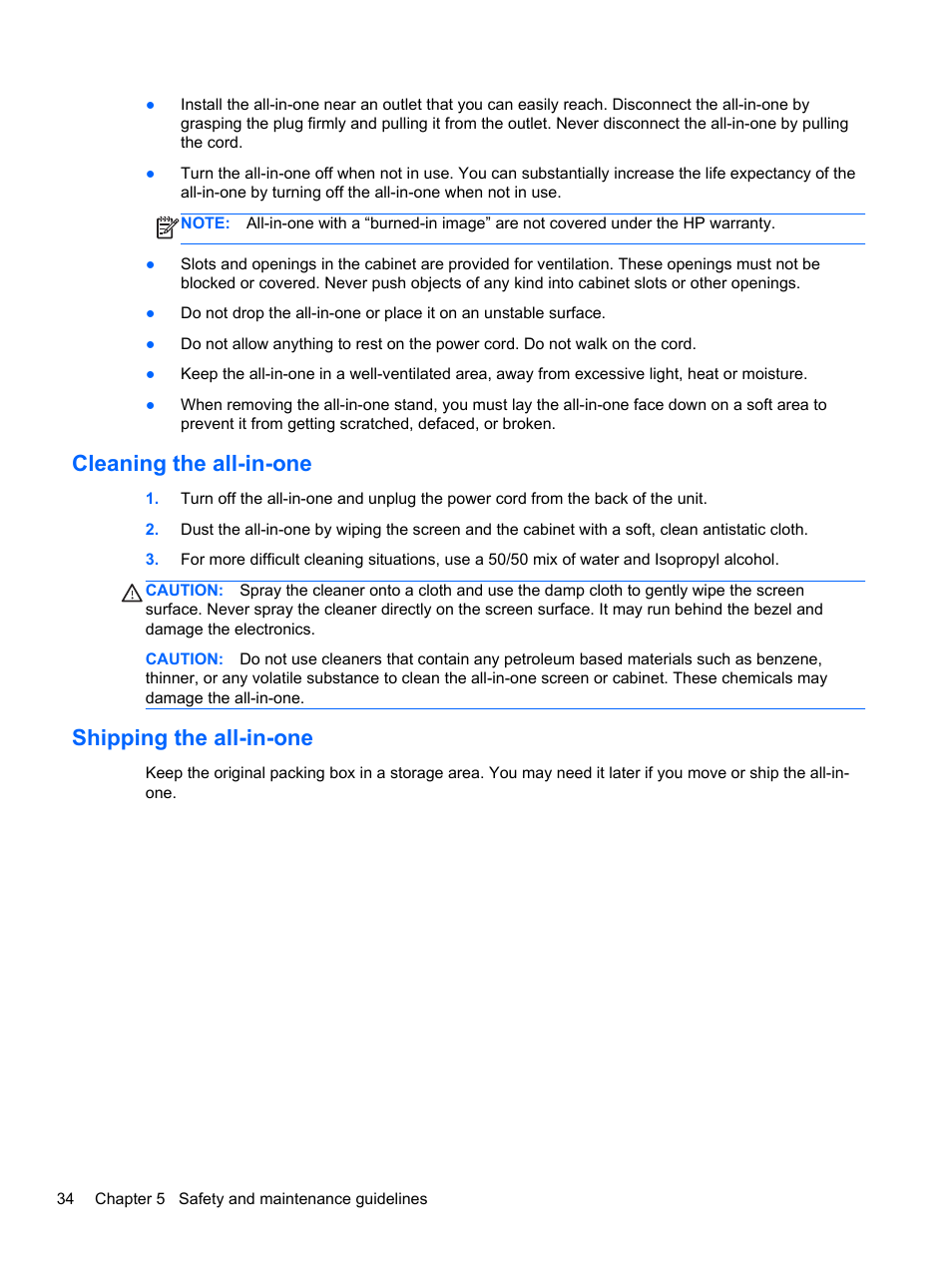 Cleaning the all-in-one, Shipping the all-in-one, Cleaning the all-in-one shipping the all-in-one | HP Slate 21 Pro-All-in-One-PC User Manual | Page 42 / 55