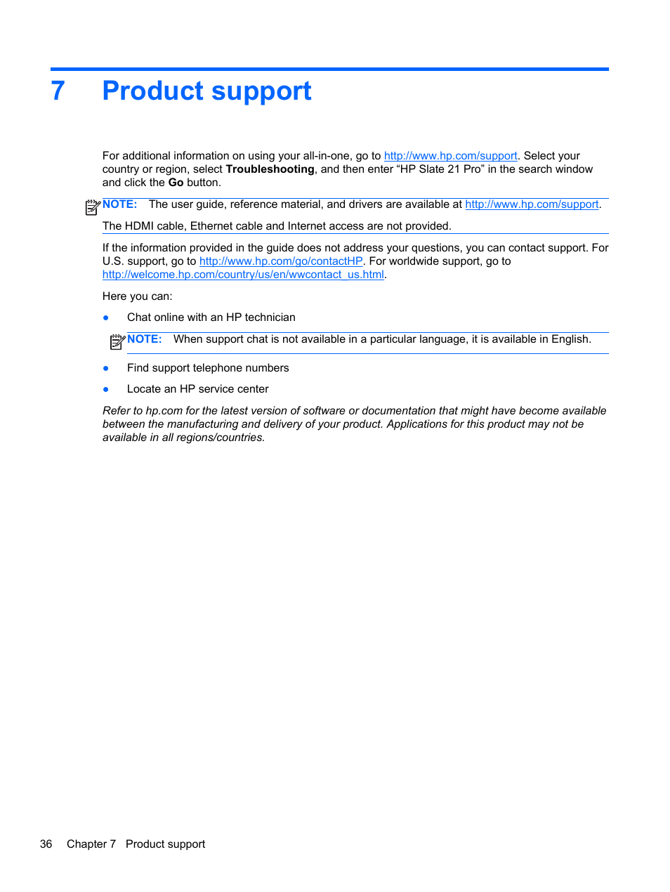 Product support, 7 product support, 7product support | HP Slate 21 Pro-All-in-One-PC User Manual | Page 44 / 55
