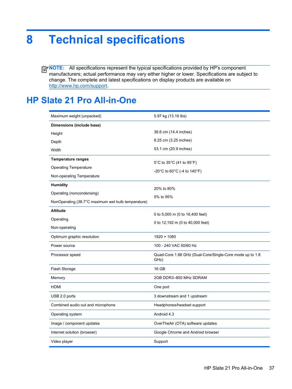 Technical specifications, Hp slate 21 pro all-in-one, 8 technical specifications | 8technical specifications | HP Slate 21 Pro-All-in-One-PC User Manual | Page 45 / 55