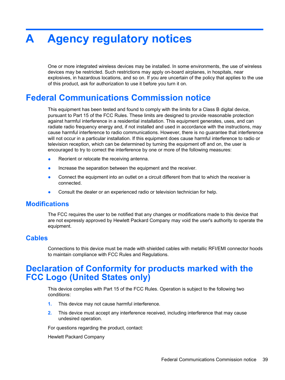 Agency regulatory notices, Federal communications commission notice, Modifications | Cables, Appendix a agency regulatory notices, Modifications cables, Aagency regulatory notices | HP Slate 21 Pro-All-in-One-PC User Manual | Page 47 / 55