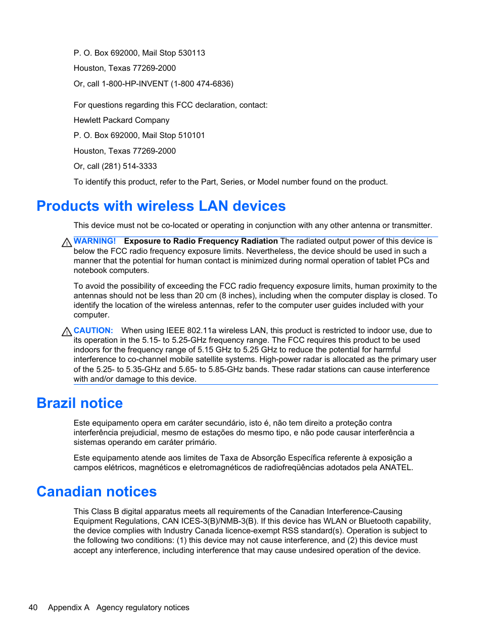 Products with wireless lan devices, Brazil notice, Canadian notices | HP Slate 21 Pro-All-in-One-PC User Manual | Page 48 / 55