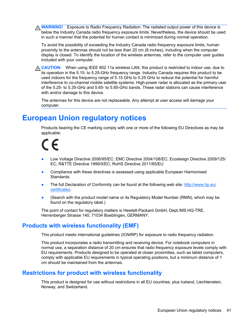 European union regulatory notices, Products with wireless functionality (emf) | HP Slate 21 Pro-All-in-One-PC User Manual | Page 49 / 55