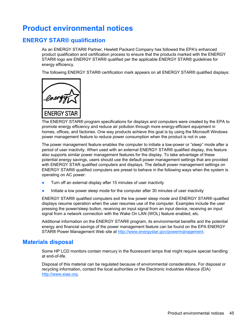 Product environmental notices, Energy star® qualification, Materials disposal | Energy star® qualification materials disposal | HP Slate 21 Pro-All-in-One-PC User Manual | Page 53 / 55