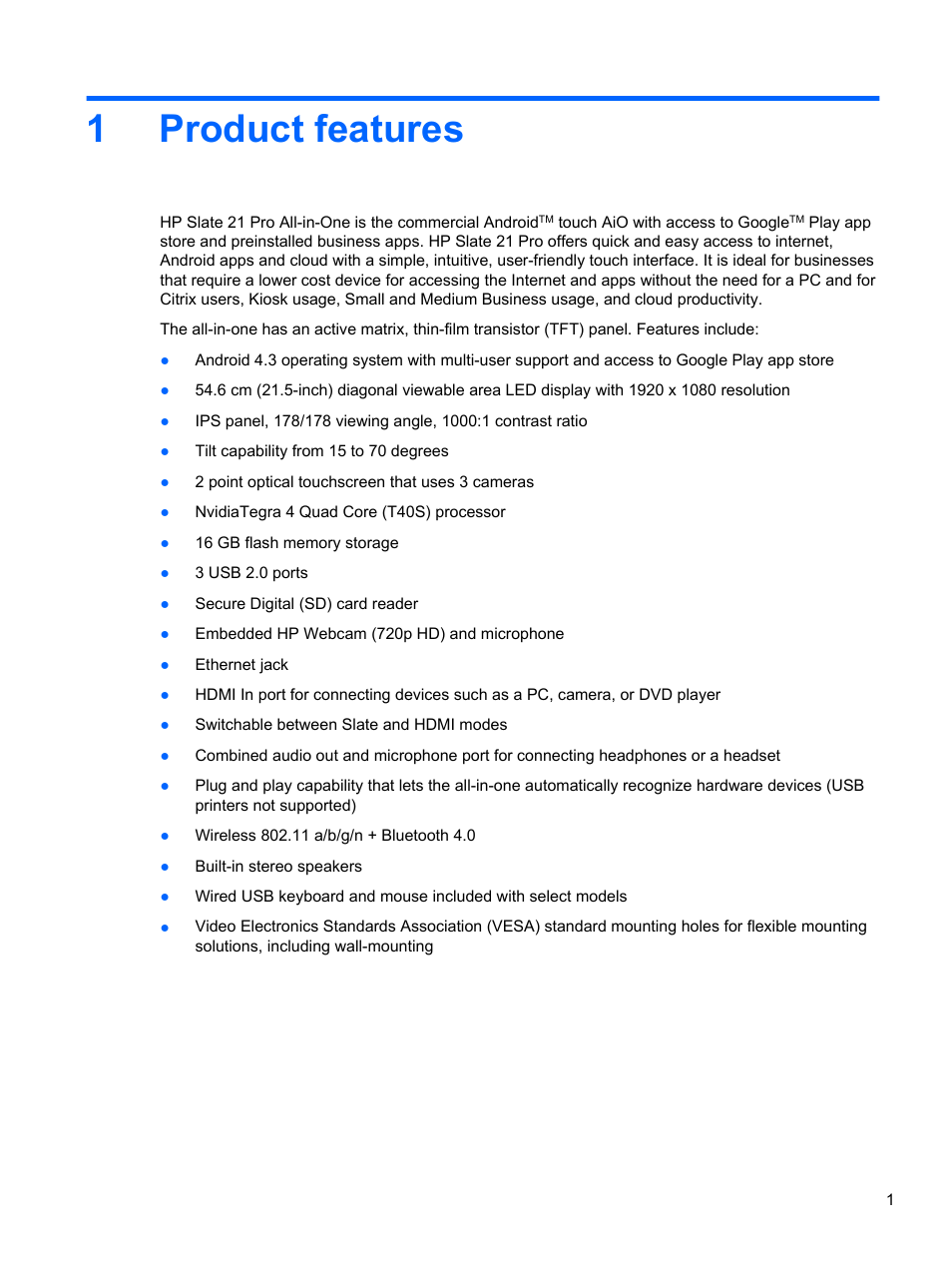 Product features, 1 product features, 1product features | HP Slate 21 Pro-All-in-One-PC User Manual | Page 9 / 55
