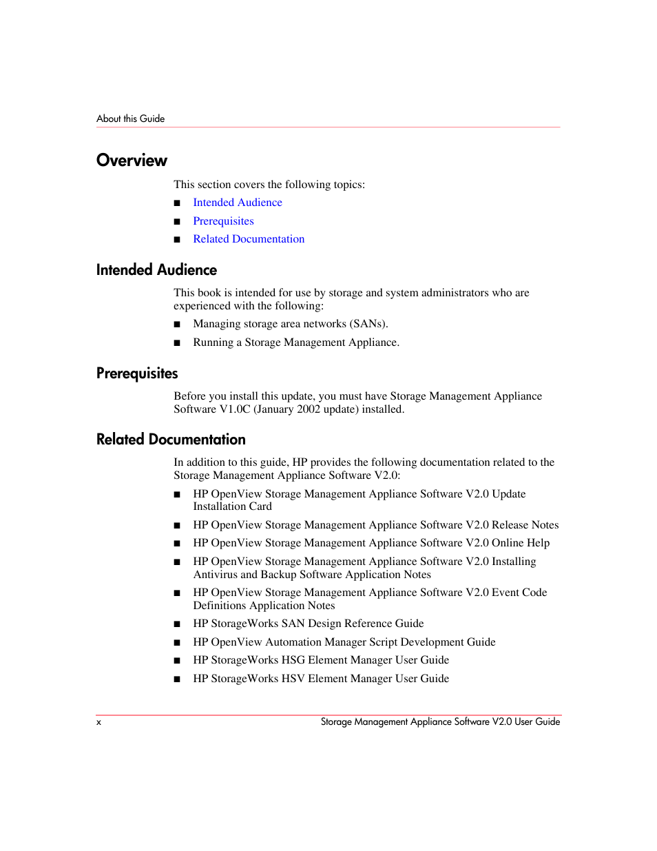 Overview, Intended audience, Prerequisites | Related documentation | HP OpenView Storage Management Appliance and Software User Manual | Page 10 / 146