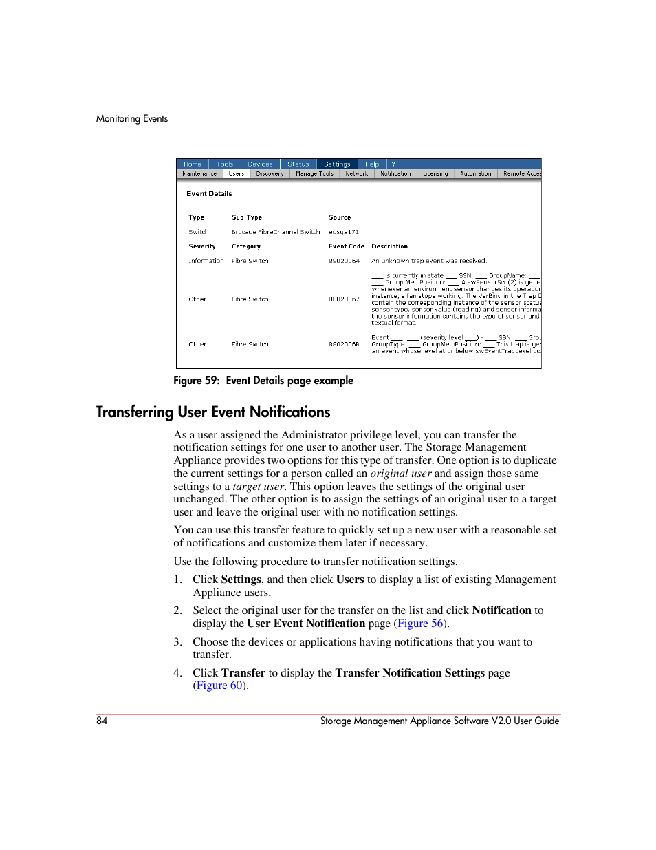 Transferring user event notifications, Figure 59 | HP OpenView Storage Management Appliance and Software User Manual | Page 100 / 146